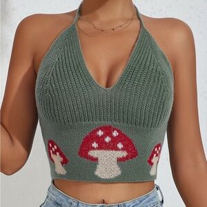 Mushroom Halter Neck Top - Sexy Backless Sleeveless with Adjustable Back Tie
